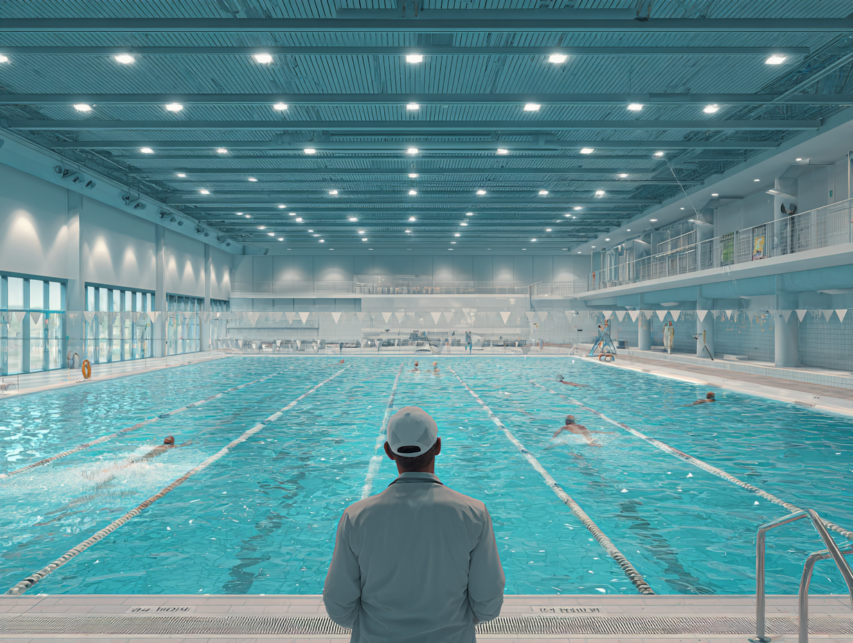 Swimming coach standing at the edge of an indoor competitive pool with swimmers